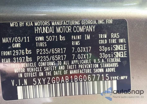 2011 Hyundai Santa Fe Gls from USA, damaged, VIN 5XYZGDAB1BG067715